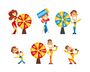 Sticker - Lottery Show with Man Host with Microphone, Spinning Roulette Wheel and Check Vector Set