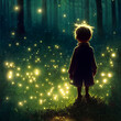 Little kid in magical forest surrounded by fireflies