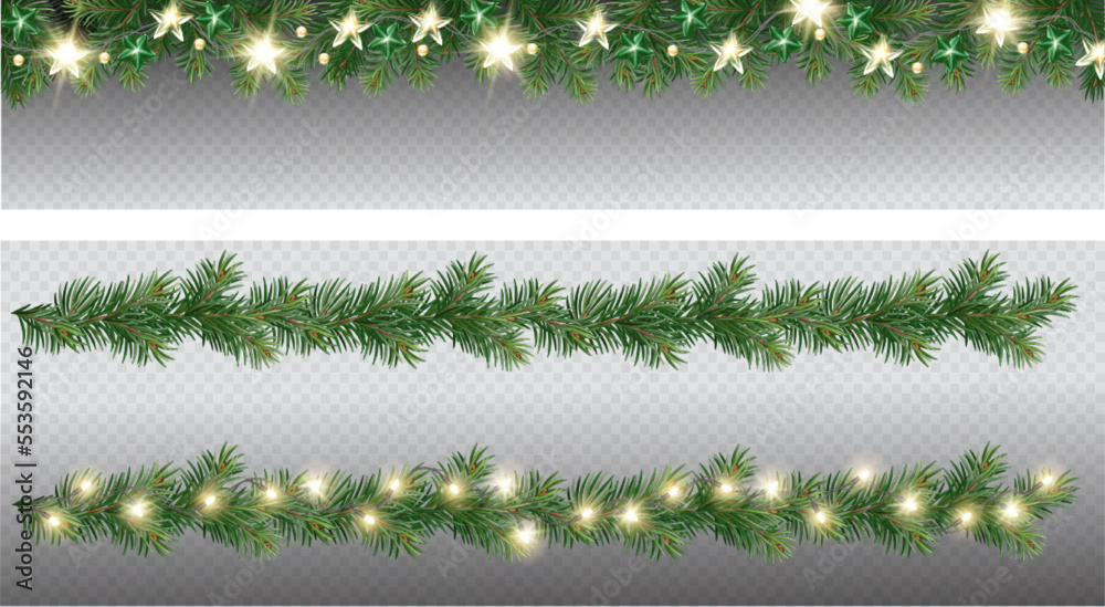 Vector border with green fir branches and with festive decoration ...