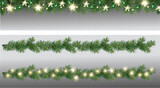 Fototapeta Big Ben - Vector border with green fir branches and with festive decoration elements on transparent background. Christmas tree garland with fir branches and lights.	
