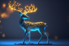 Magic Golden Reindeer Isolated On Blue Background, Christmas Concept