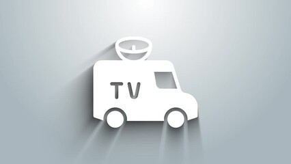 Sticker - White TV News car with equipment on the roof icon isolated on grey background. 4K Video motion graphic animation