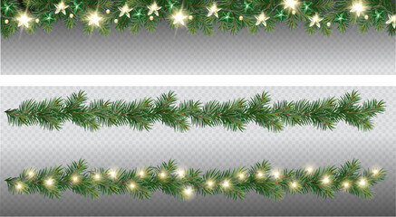 Vector border with green fir branches and with festive decoration elements on transparent background. Christmas tree garland with fir branches and lights.	
