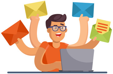 Poster - Man doing simultaneously many tasks. Male employee trying to deal with correspondence. Overworking, overload at work concept. Multitasking person with many hands coping with envelope letters, mail