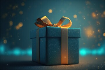 Blue christmas gift box with golden ribbon