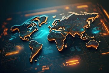 Technology background with map of the world on electronic computer circuit board