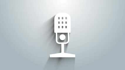 Sticker - White Microphone icon isolated on grey background. On air radio mic microphone. Speaker sign. 4K Video motion graphic animation