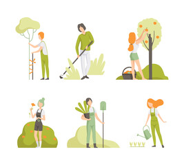 Poster - Man and Woman Working in the Garden or Farming Engaged in Horticulture Vector Set