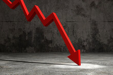 A Red Downward Arrow Hitting The Concrete Ground. Illustration Of The Concept Of Downturn Of Economy, Falling Of Stock Prices And Recession