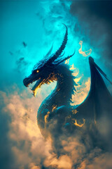 Wall Mural - Illustration of dragon in the colourful glow, mist and fire. Ai generated content