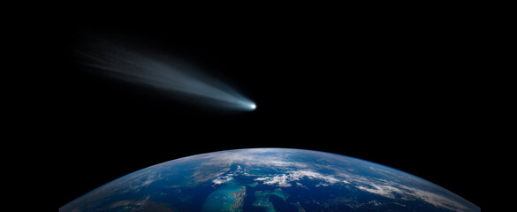 Wall Mural - comet, asteroid, meteorite flying to the planet earth. glowing asteroid and tail of a falling comet 