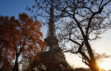 Poster - Scenic view of the Eiffel tower and Champ de Mars park on a beautiful and colorful autumn day .Paris. France .