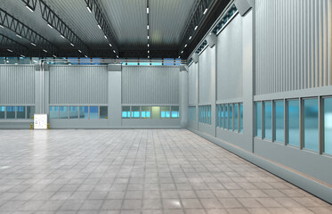 Poster - Factory building without anyone. Industrial background. Building for industrial company. Hangar with metal walls. Industrial hangar without furniture. Empty factory interior from inside. 3d rendering