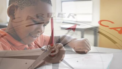Poster - Animation of compass with text over african american boy writing in notebook
