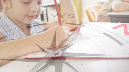 Poster - Animation of compass with text over caucasian girl writing in notebook