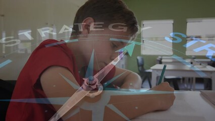 Poster - Animation of compass with text over caucasian boy writing in notebook
