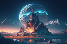 Fantasy Landscape Of Distant Planet With Mountain And Big Blue Moon Behind. Postproducted Generative AI Digital Illustration.