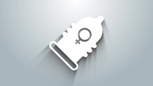 White Condom safe sex icon isolated on grey background. Safe love symbol. Contraceptive method for male. 4K Video motion graphic animation