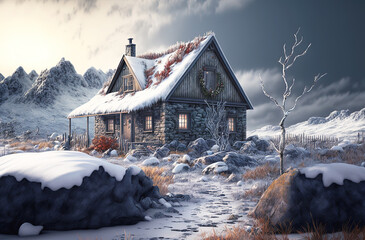 Pathway at winter landscape leading to old stoned shack. Postproducted generative AI digital illustration.