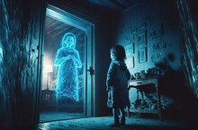 Young Girl Looking At Blue Levitating Ghost At Doorway In The Haunted House. Postproducted Generative AI Digital Illustration.