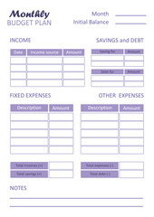  Monthly budget planner. Budget financial plan template. Organization of individual finances - expenses and incomes, family and personal budget. Financial literacy concept - debt and savings management