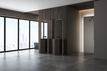 Modern bathroom interior with concrete floor, black white bathtub and double basin, shower, wooden wall, plant and city view from windows. Minimalist bathroom with modern furniture. 3D rendering