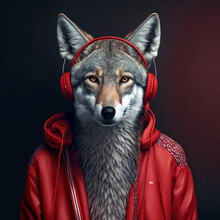 Portrait Of A Wolf With Jackets And Red Headphones - Generative AI