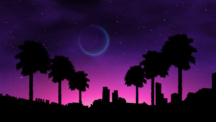 Wall Mural - waporwave retro sunset with palms on the beach. neon landscape futuristic galaxy background.