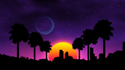 Wall Mural - waporwave retro sunset with palms on the beach. neon landscape futuristic galaxy background.