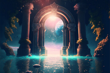 the light of evden a portal ancient gate in the middle of the waters, waters in the celestial sphere of peace, neverland dreamy cosmic beings surrounding in naturef 3d rendering