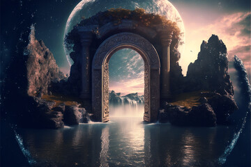 the light of evden a portal ancient gate in the middle of the waters, waters in the celestial sphere of peace, neverland dreamy cosmic beings surrounding in naturef 3d rendering