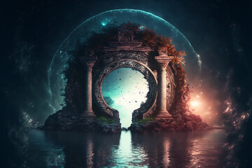 the light of evden a portal ancient gate in the middle of the waters, waters in the celestial sphere