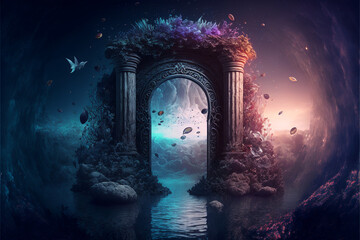 Wall Mural - the light of evden a portal ancient gate in the middle of the waters, waters in the celestial sphere of peace, neverland dreamy cosmic beings surrounding in naturef 3d rendering