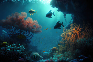 Wall Mural - Underwater world at the depth of the ocean. Underwater gorges and tunnel. Lots of underwater organisms and fish. Underwater deep world, sea darkness, algae glow, blue neon, corals. AI