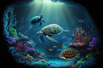 Underwater world at the depth of the ocean. Underwater gorges and tunnel. Lots of underwater organisms and fish. Underwater deep world, sea darkness, algae glow, blue neon, corals. AI