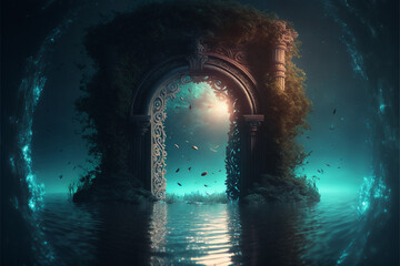 Wall Mural - the light of evden a portal ancient gate in the middle of the waters, waters in the celestial sphere of peace, neverland dreamy cosmic beings surrounding in naturef 3d rendering