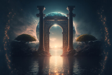 Wall Mural - the light of evden a portal ancient gate in the middle of the waters, waters in the celestial sphere of peace, neverland dreamy cosmic beings surrounding in naturef 3d rendering