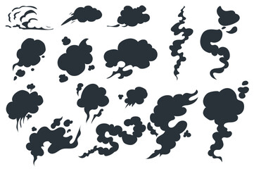 Smoke silhouettes isolated graphic elements set in flat design. Bundle of different black steam and vapour shapes, gas smell or cloud textures, moving speeds in comic style. Vector illustration.