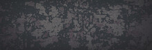 Dark Wide Panoramic Background. Peeling Paint On A Concrete Wall. Faded Dark Texture Of Old Cracked Flaking Paint. Weathered Rough Painted Surface With Patterns Of Cracks. Shaded Background For Design