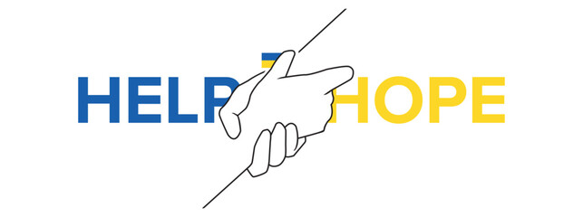 Help and hope concept - drawn outline helping hands - benevolence charity illustration. From Ukraine.