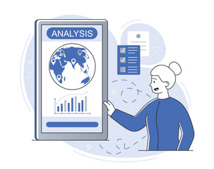 Poster - Investment on screen. Young girl looks at graphs and charts. Modern technologies and digital world. Globalization and international trade, marketing research. Cartoon flat vector illustration