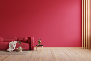 Viva magenta wall background mockup with sofa furniture and decor of the year 2023.