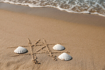 Poster - Playing Tic tac toe game with shells on sand near sea. Space for text