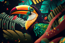 Colored Abstract Bird Of Paradise On A Black Background. Image Created With Generative AI Technology.