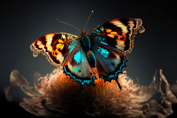 Wall Mural - beautiful butterfly on a flower on a black background. image created with generative ai technology.