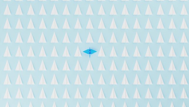 Origami of blue crane and many white airplanes on soft blue board under white lighting background. Concept 3D CG of Japanese traditional culture, wish for world peace and legendary president.