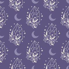 Wall Mural - Mystical vector seamless pattern with celestial crystal, moon. Boho digital paper. Hand drawn magical illustration. Esoteric print for fabric, textile, cover.