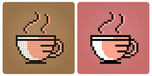 8 Bit Pixel Coffee Cup Logo Image. Drink In Vector Illustration For Game Assets And Beads Pattern.