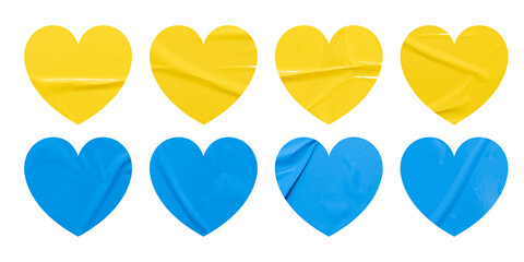 Set of yellow and blue heart shapes stickers mock up blank tags labels, isolated on white background