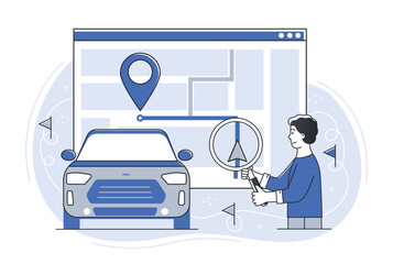 Poster - sharing transport concept. young guy with magnifying glass evaluates route of car. navigation and ge